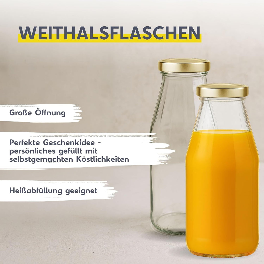 mikken 12 x Glasflasche 500 ml, Flasche mit Schraubverschluss gold inkl. Trichter