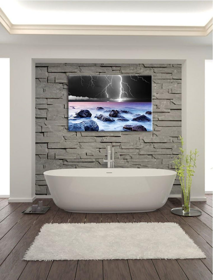 Blitze über dem Meer schwarz/weiss Format: 100x70 auf Leinwand, XXL riesige Bilder fertig gerahmt mi