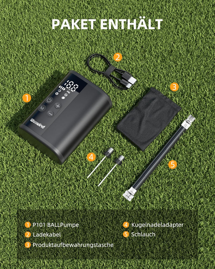Woowind P101 Ballpumpe Elektrisch mit 12 PSI, 4000mAh Power Bank, LED Licht, Auto-Stop, für Fussball
