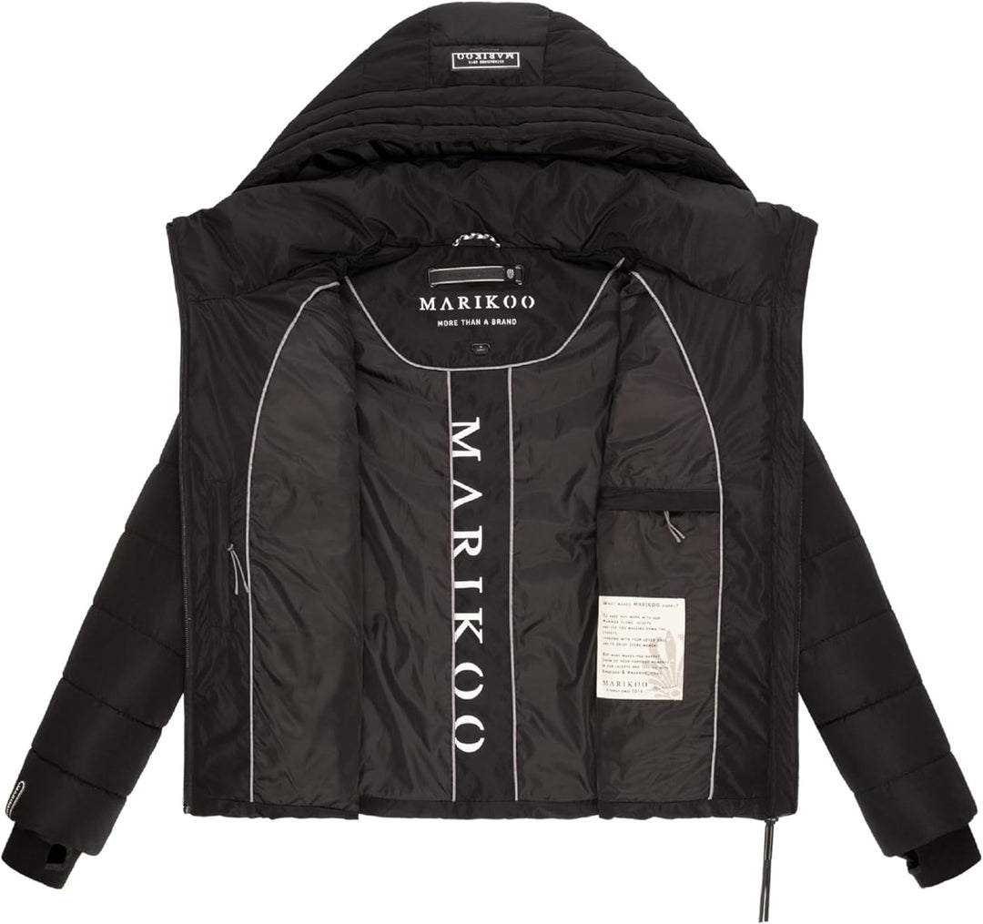 MARIKOO Damen Winterjacke warme Steppjacke mit abnehmbarer Kapuze Samuiaa XVI XS-3XL XL Schwarz, XL