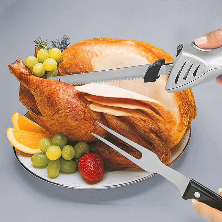 FISHTEC Easy Cut Plus Kabelloses Elektromesser mit Ladegerät und Holzständer zum Schneiden von Brot,