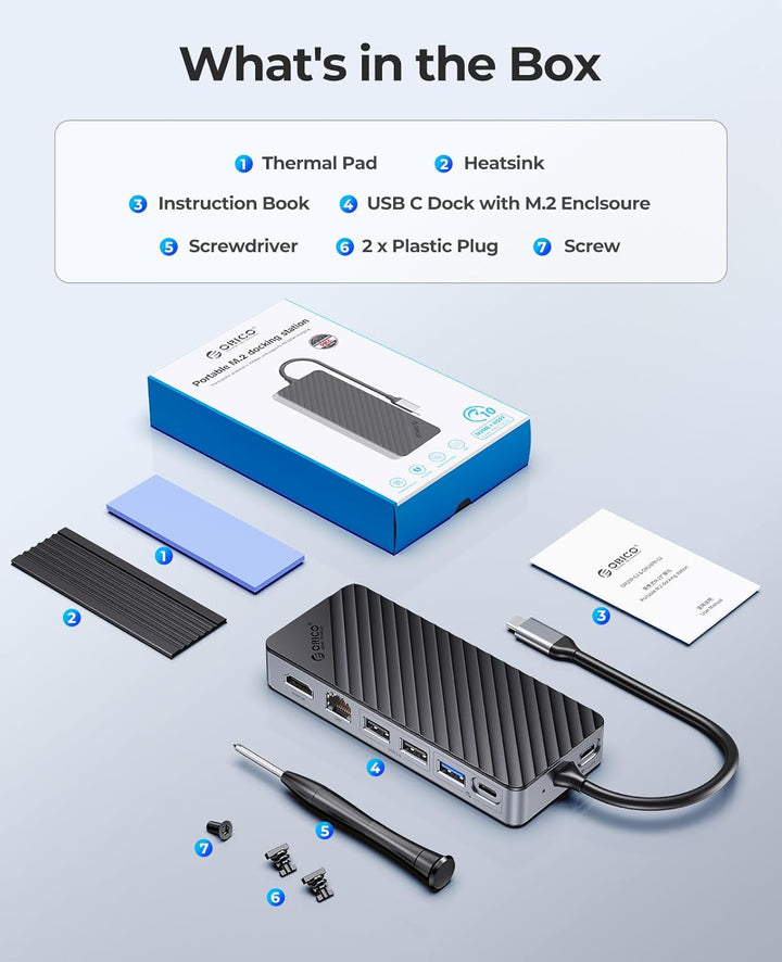 ORICO 8-in-1 USB C Docking Station mit M.2 SSD Gehäuse, USB C Hub für M.2 NVMe/SATA SSD, 10Gbps, 4K@
