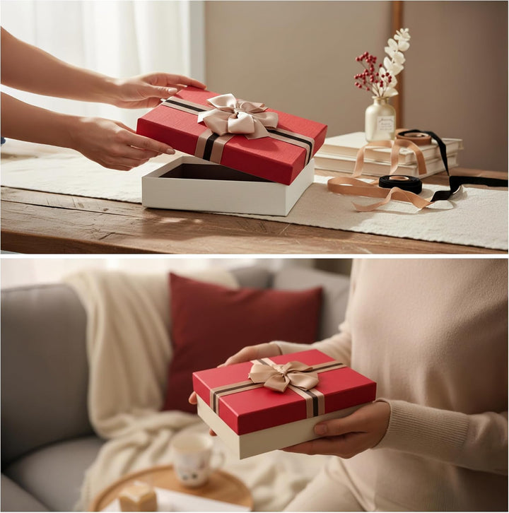 Emartbuy Set mit 3 starren Geschenkboxen, cremefarbene Box mit rotem Deckel, braun gestreiftes Schle