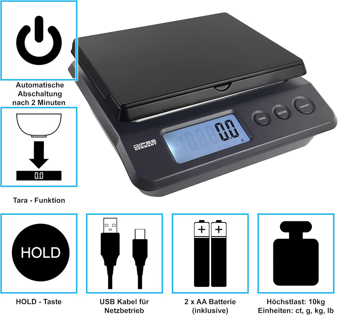 Dipse Parcel 25/20 / 10 kg - Digitale Paketwaage Briefwaage mit USB- oder Batteriebetrieb und 2g / 1