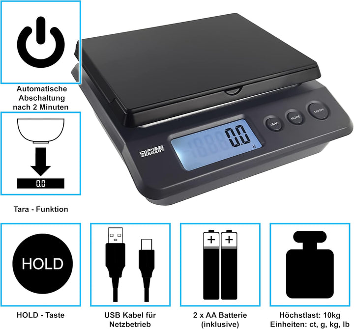Dipse Parcel 25/20 / 10 kg - Digitale Paketwaage Briefwaage mit USB- oder Batteriebetrieb und 2g / 1
