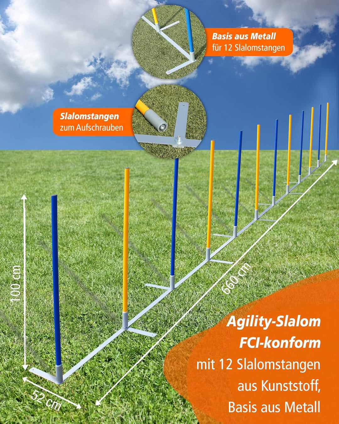 Agility-Slalom – Slalom für Turnier & Agility-Training – mit 12 Stangen & und Basis aus Metall – sta