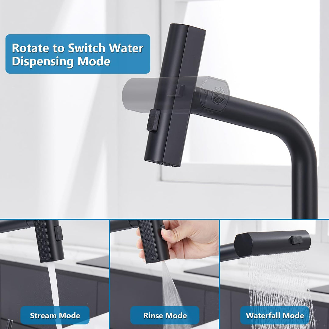 Wasserhahn Küche Schwarz, Küchenarmatur mit Brause Ausziehbar, Wasserfall Hochdruck Mischbatterie Ar