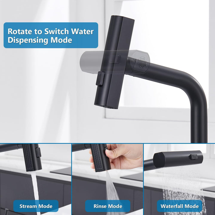 Wasserhahn Küche Schwarz, Küchenarmatur mit Brause Ausziehbar, Wasserfall Hochdruck Mischbatterie Ar