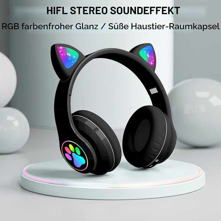 OHAANYY Katzenohr Kopfhörer Kindergeburtstag Geschenke Kind LED Katzenohren Einhorn Bluetooth Kabell