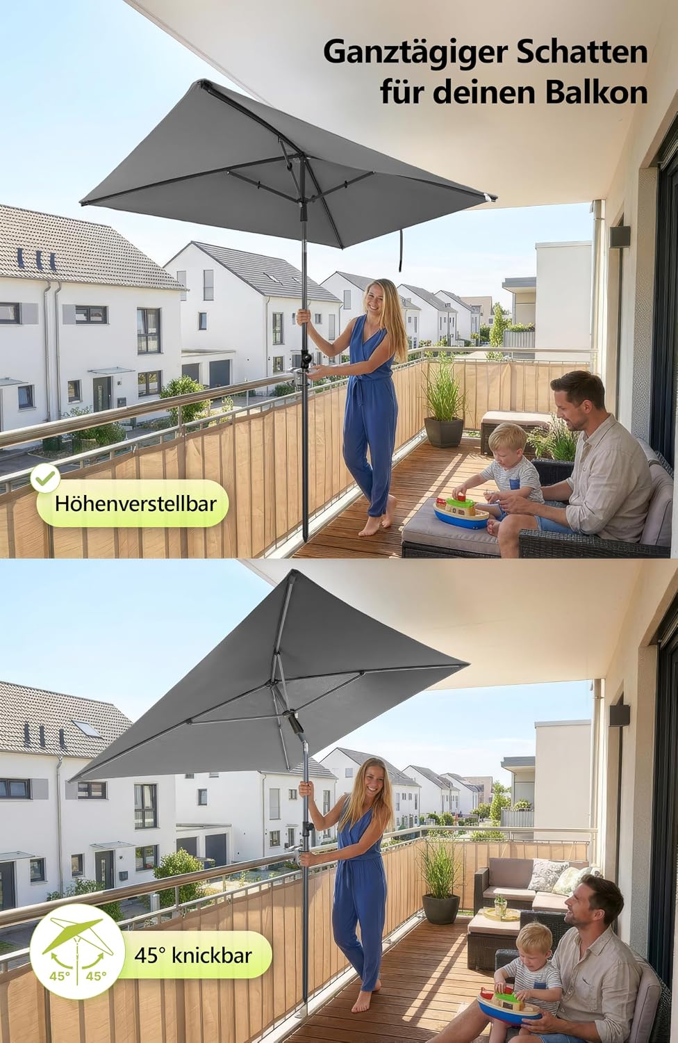 4smile Sonnenschirm Balkon im Set – Sonnenschirm rechteckig 210×140 cm, UV 50+ Sonnenschutz Balkon,