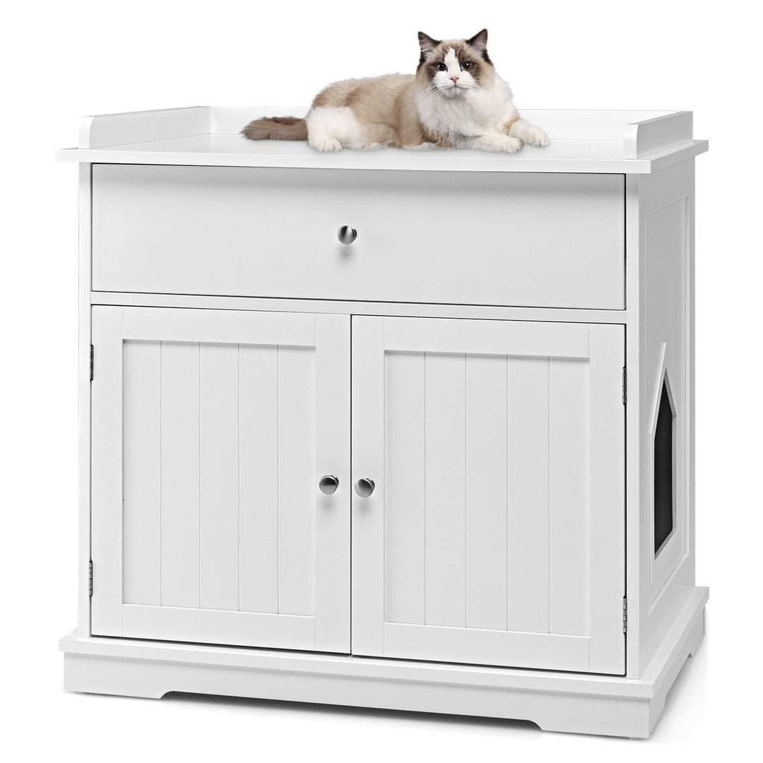 COSTWAY Katzenschrank mit Schublade & Tür & Eingang, 3-in-1 Katzenhaus Katzentoilette Beistelltisch,