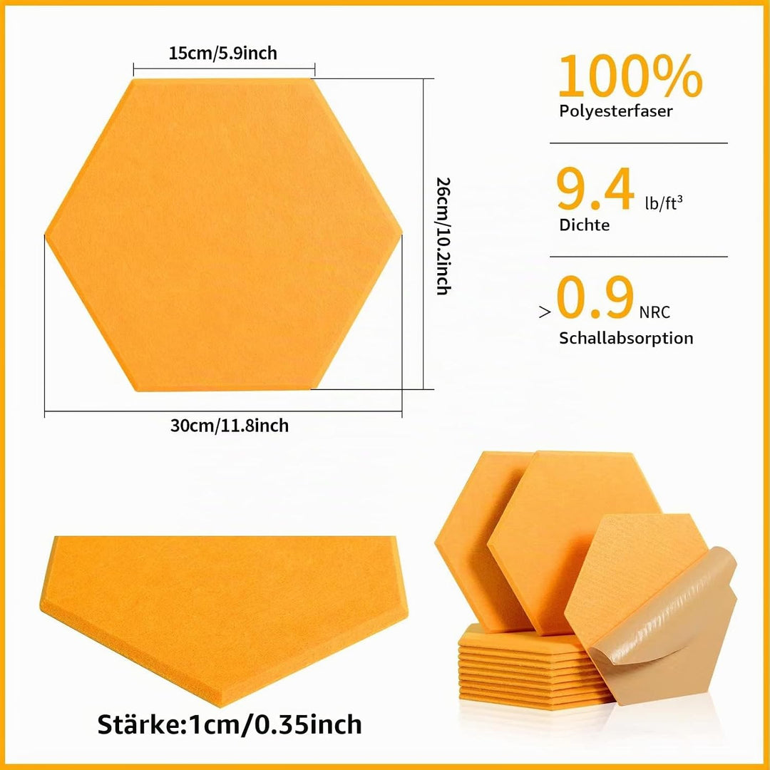 Rdutuok 12 Stück Selbstklebend Akustik Panel,30x26x1cm Hexagon Akustik Absorber Schallschutzplatten