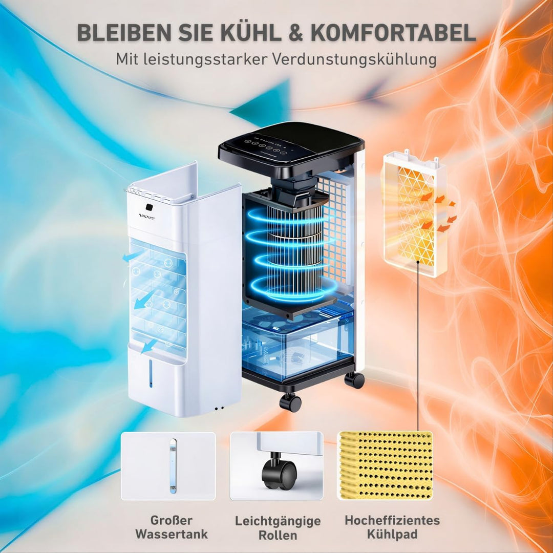 Zenet ZET-483 Mobile Klimaanlage ohne Abluftschlauch 4-in-1 mit Fernbedienung, Luftkühler, Ventilato