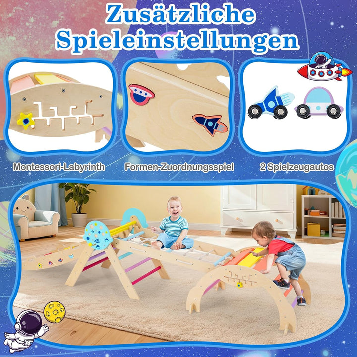 COSTWAY Klettergerüst Indoor 4er Set, klappabres Kletterdreieck mit Rutsche, Kletterbogen, Netz, ink