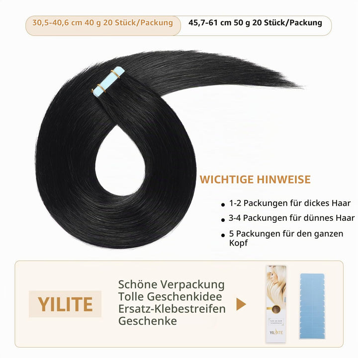YILITE Tape Extensions Echthaar, Jet Black 60cm 20 Stück/Packung 50g Tape in Extensions Echthaar Inv