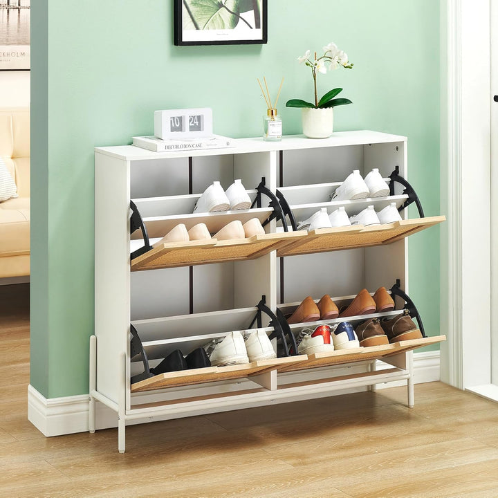 Litake Schuhschrank Schuhkommode mit 4 Rattan Klappen, Schuhkipper Schuhschrank Schuhregal Schmal mi