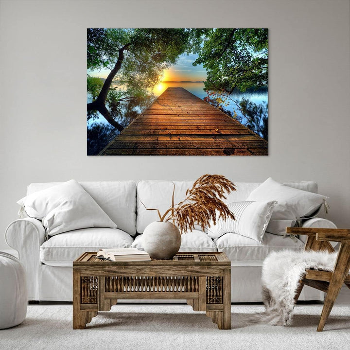 ARTTOR Bilder auf Leinwand 100x70cm Leinwandbild mit Rahmen Brücke See Gross Wanddeko Bild Schlafzim