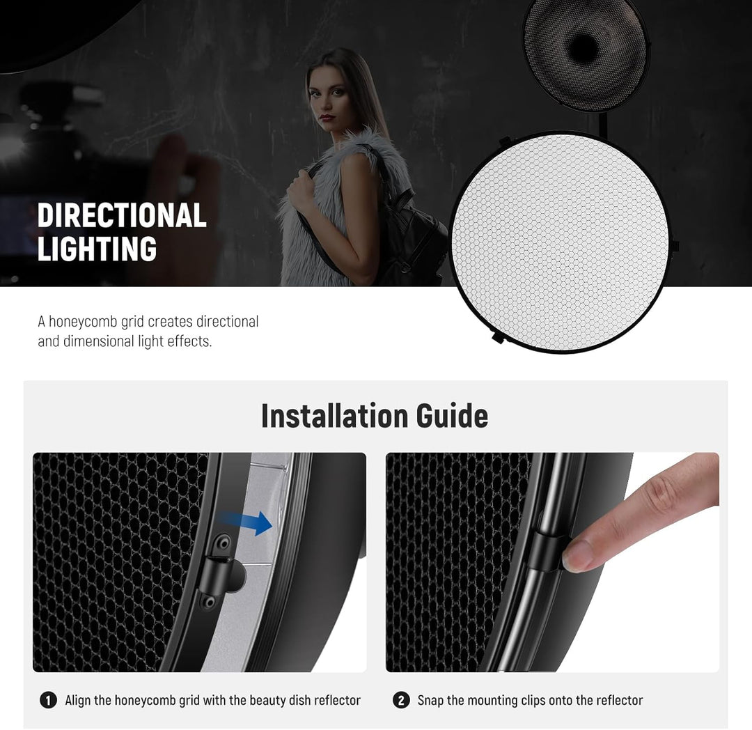 NEEWER 30cm Metall Beauty Dish Bowens Mount Reflektor Set mit weissem Diffusor, Honeycomb Grid für S