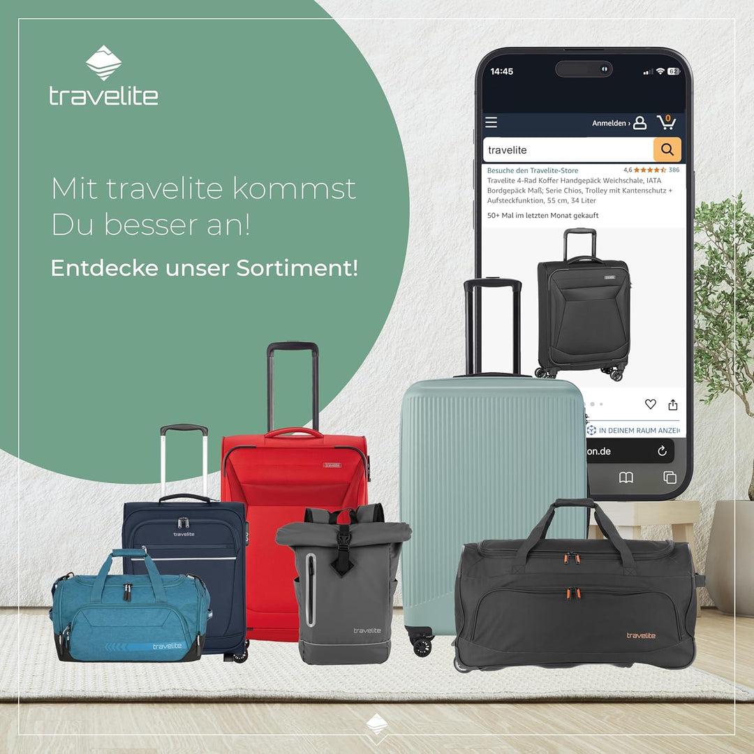travelite 4-Rad Koffer Grösse M Weichschale, Gepäck Serie CHIOS mit Dehnfalte + Kantenschutz, Trolle