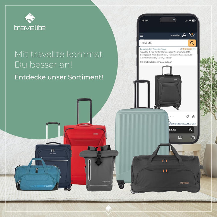 travelite 4-Rad Koffer Grösse M Weichschale, Gepäck Serie CHIOS mit Dehnfalte + Kantenschutz, Trolle
