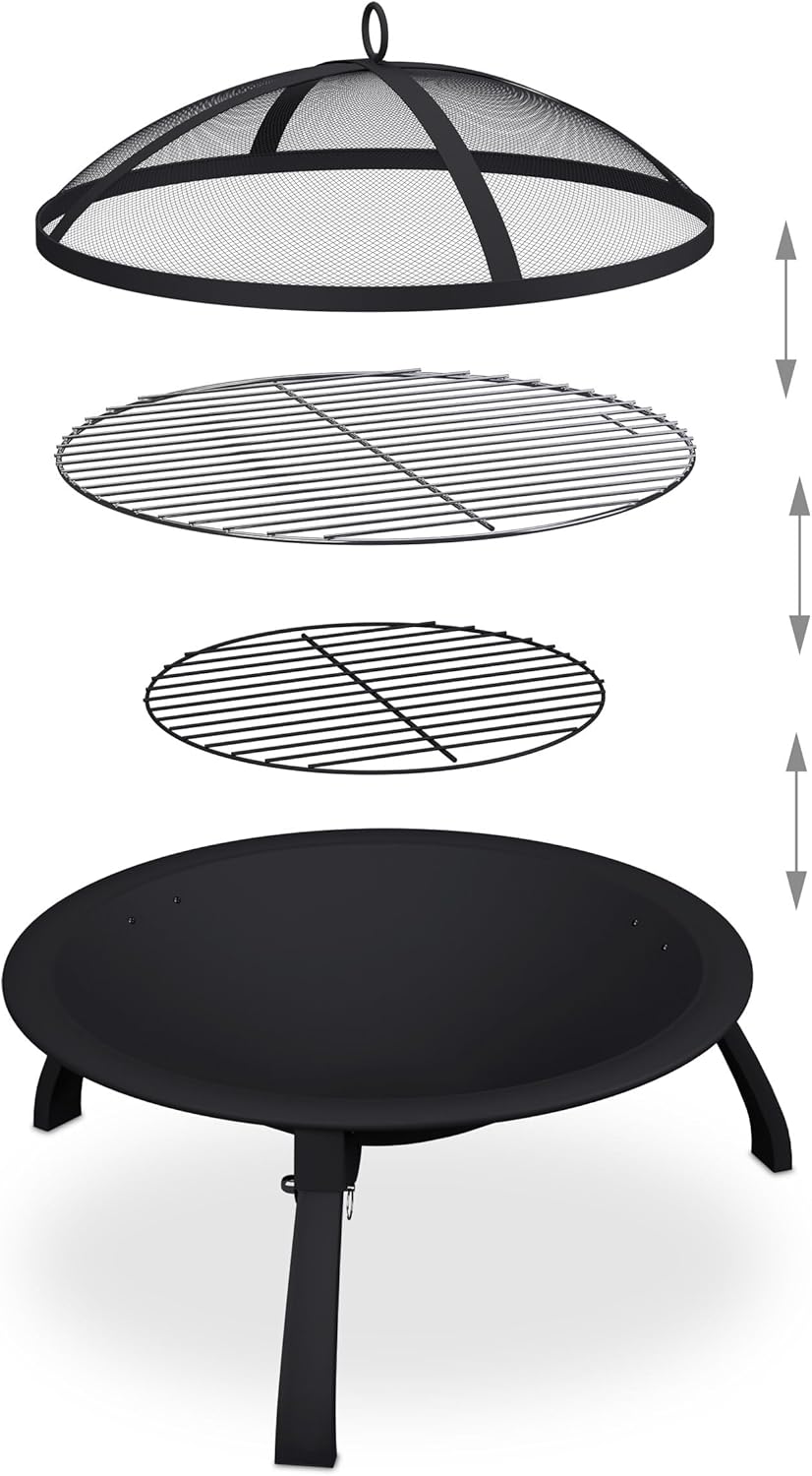 Relaxdays Feuerschale, Ø Schale 51 cm, klappbare Beine, Grillrost, Funkenschutz, Schürhaken, Feuerst