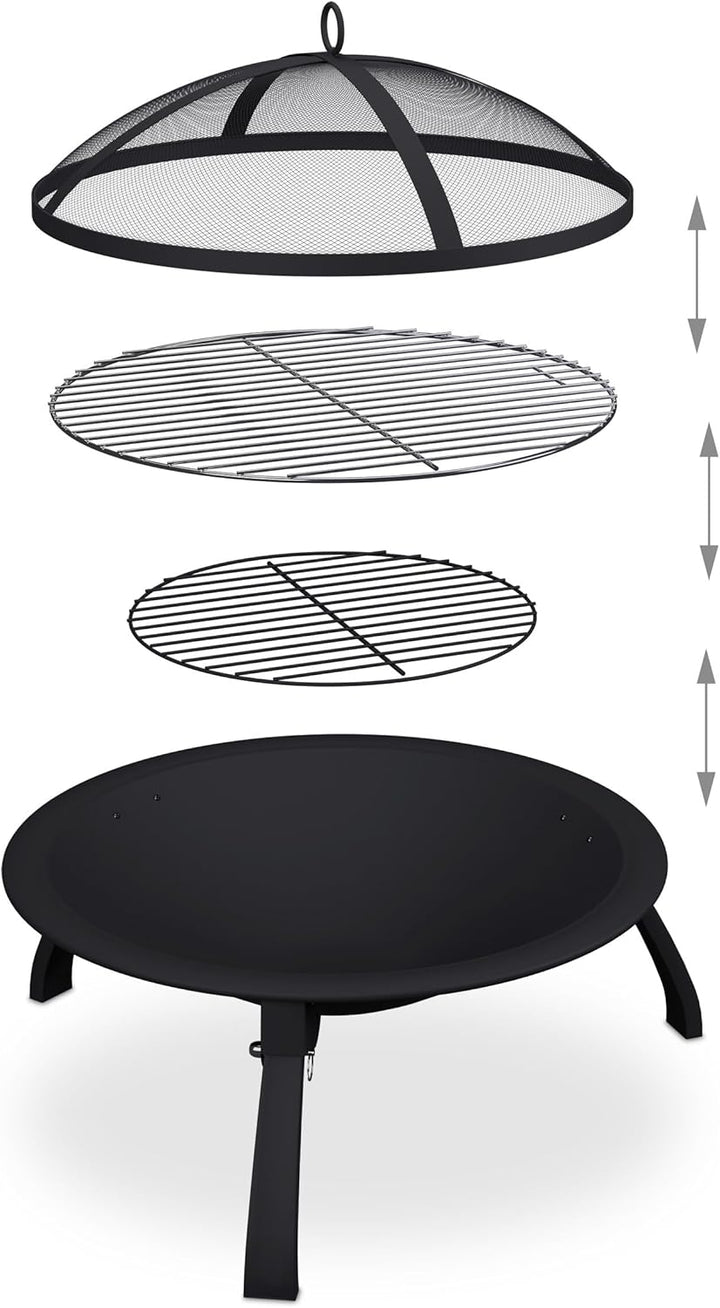 Relaxdays Feuerschale, Ø Schale 51 cm, klappbare Beine, Grillrost, Funkenschutz, Schürhaken, Feuerst