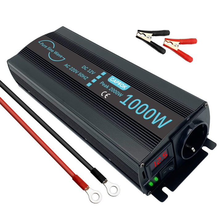 CAPTOK Spannungswandler 1000W/2000W Reiner Sinus KFZ Wechselrichter DC 12V auf AC 230V EU-Steckdose