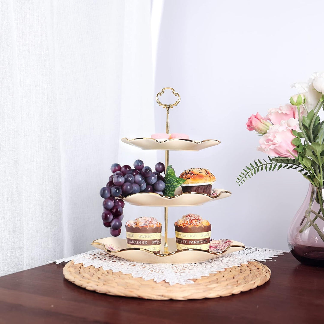 fanquare 3-Stufig Königlich Etagère mit Blumenmuster, Lotus Blume Förmige Obstkörbe mit Metallstrebe