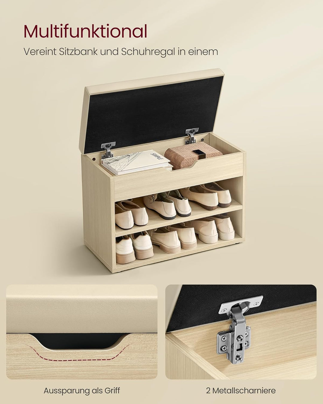 VASAGLE Schuhbank, Sitzbank, Schuhregal mit gepolstertem Kissen, Schuhorganizer mit 3 Ebenen, 30 x 6