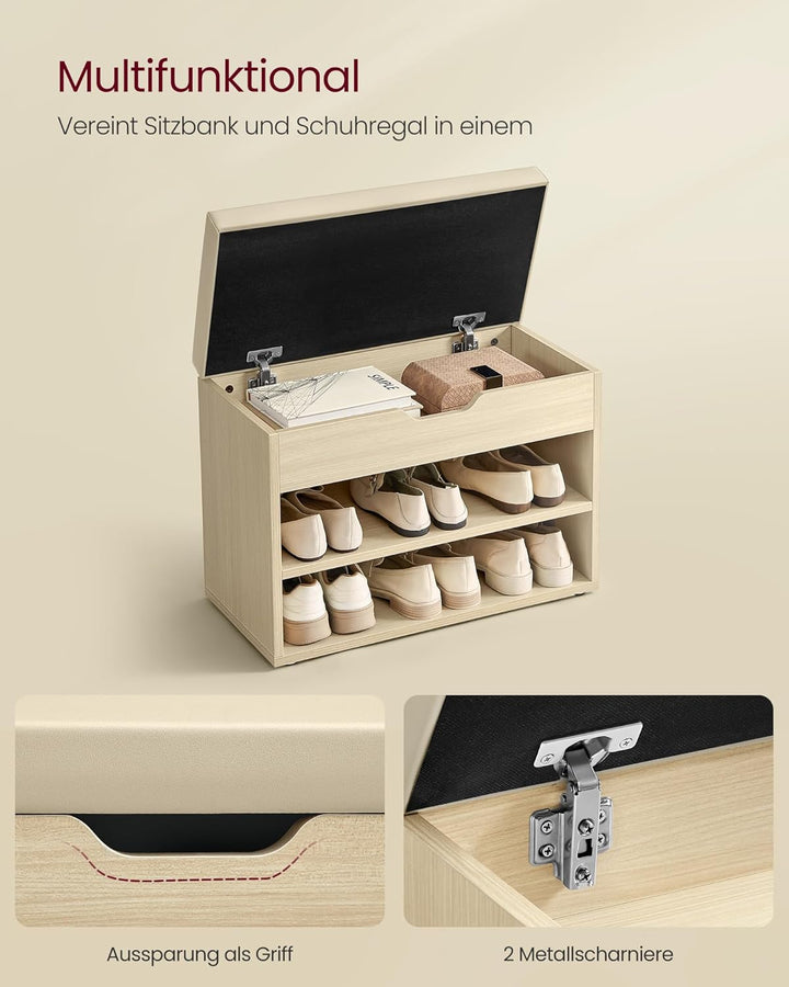 VASAGLE Schuhbank, Sitzbank, Schuhregal mit gepolstertem Kissen, Schuhorganizer mit 3 Ebenen, 30 x 6