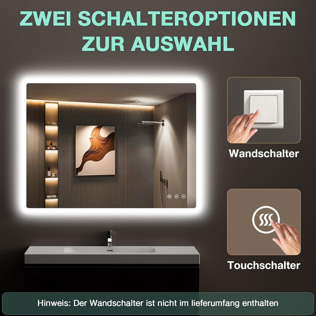 Badezimmerspiegel Led Badspiegel 80x60 cm, Rechteckig, Touch-Schalter, Dimmbar, 3 Lichtfarbe Einstel