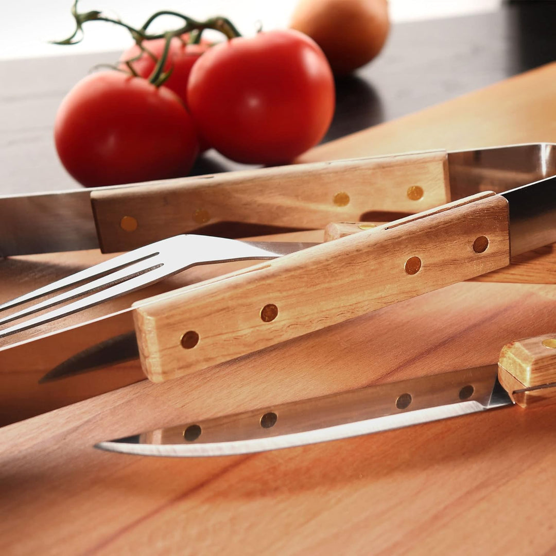 Grillbesteck Set (5-teilig): Grillset mit Grillzange, Fleischgabel, Grillmesser, Pinsel und Grillwen