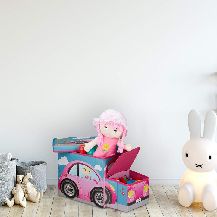 Relaxdays Sitzbox Kinder, Staubox mit Deckel, Spielzeug, faltbar, Motiv Auto, Stauraum, Jungen &amp; Mäd