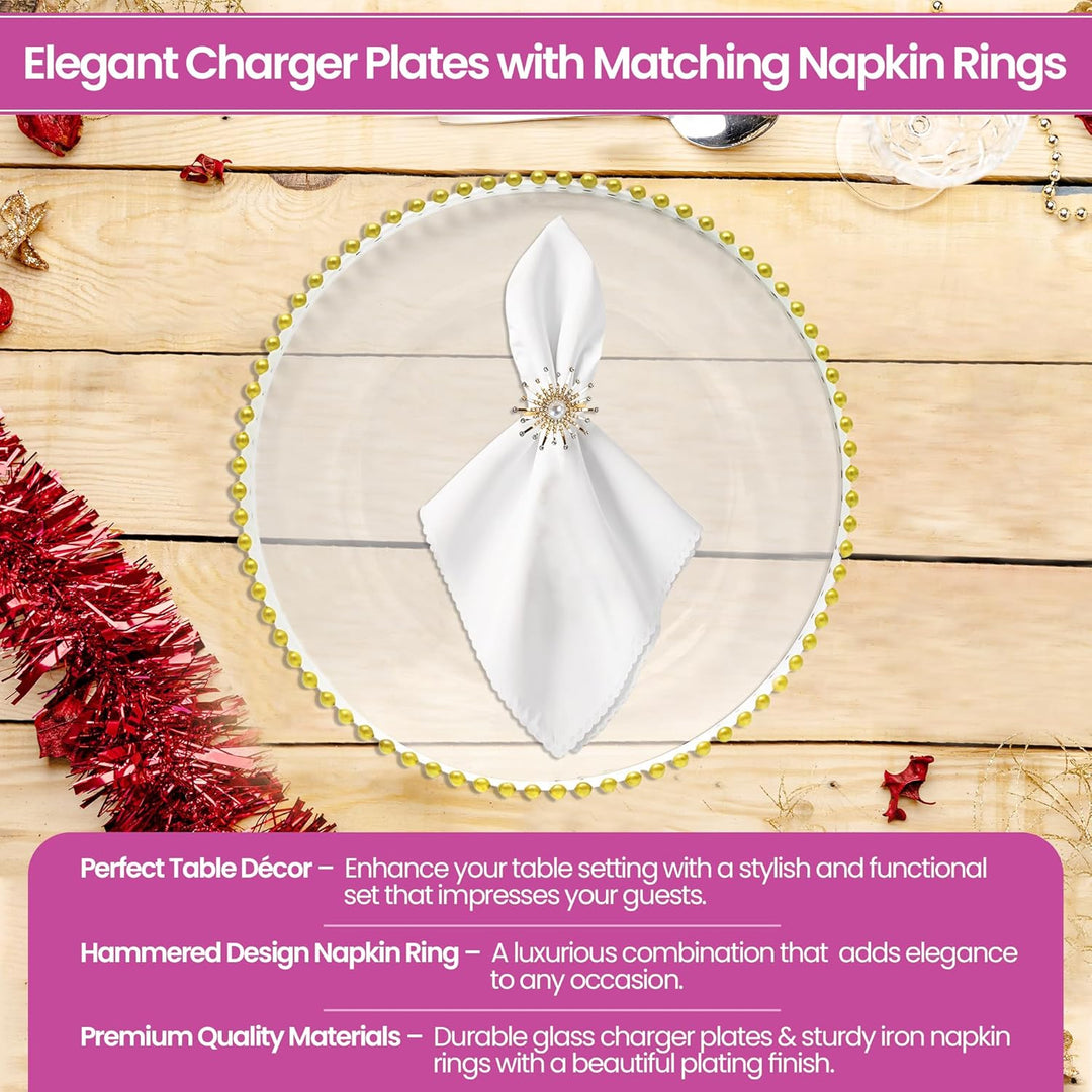 WedDecor Set mit 12 Platztellern und Serviettenringen, Tafelaufsatz aus klarem Glas mit Perlenteller