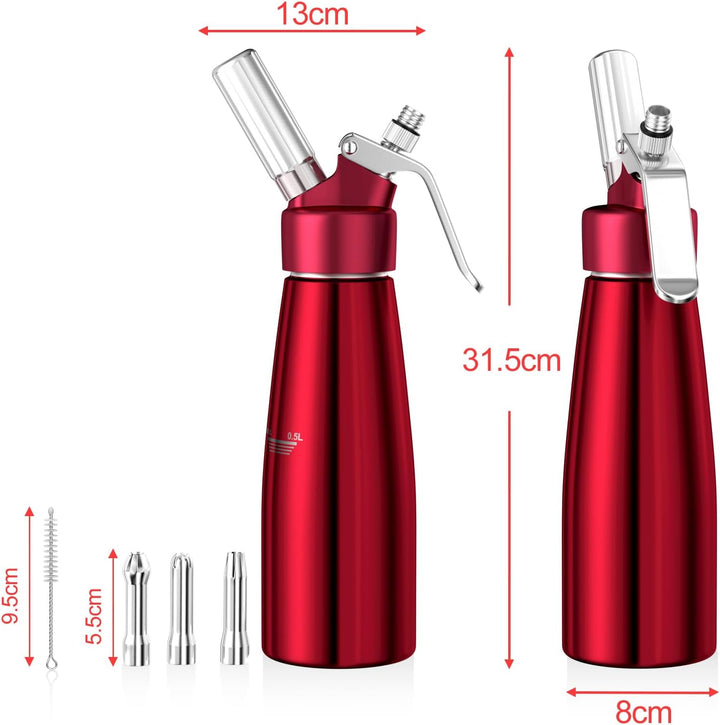 Newaner 500ml sahnespender, Sahnesyphon Aluminium mit 3 Edelstahl Deko-Düsen und 1 Reinigungbürste,