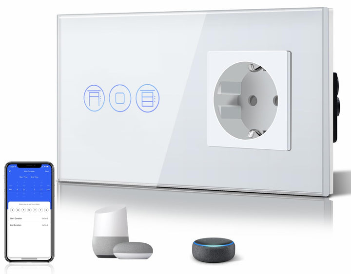 BSEED WiFi Smart Alexa Rollen Schalter mit Normal Steckdose, Kompatibel mit Google Home Tuya, Glas T