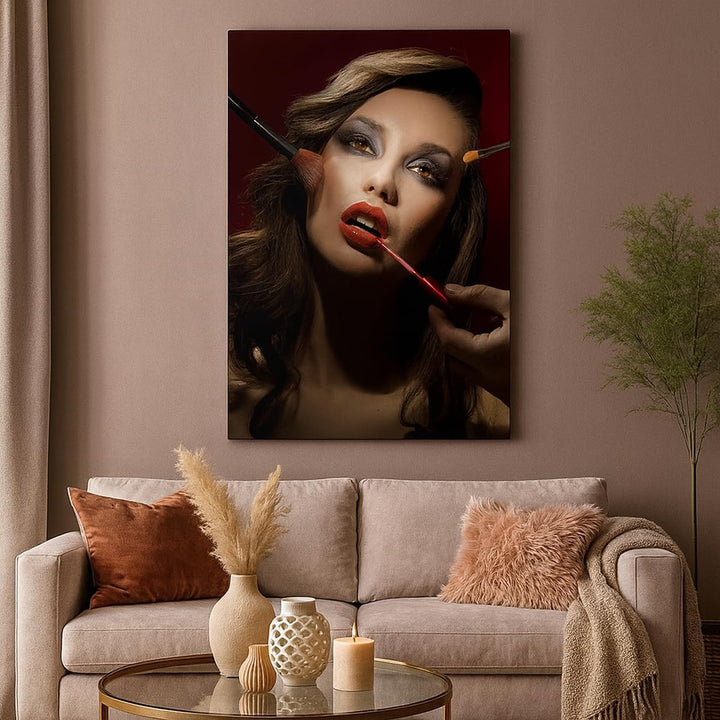 Bilder auf Leinwand 55x100cm Leinwandbild mit Rahmen Frau Make-up schön Gross Wanddeko Bild Schlafzi