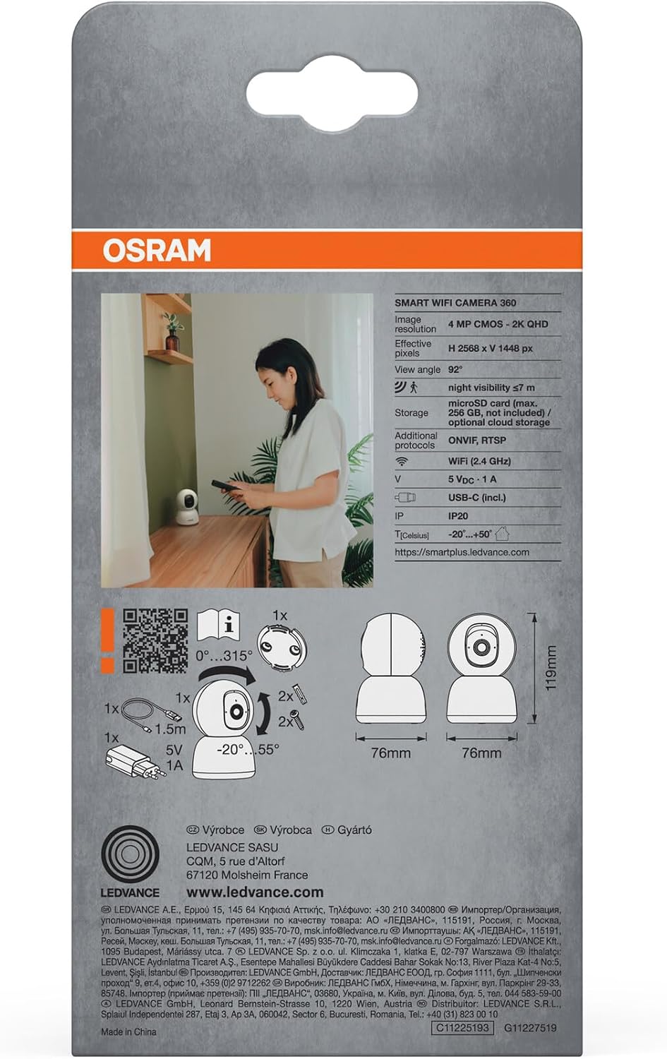 Osram SMART+ WiFi Kamera 360° 4MP 2K QHD, Schwenk-Neige, Nachtsicht 7m, Zwei-Wege-Audio, Alexa kompa