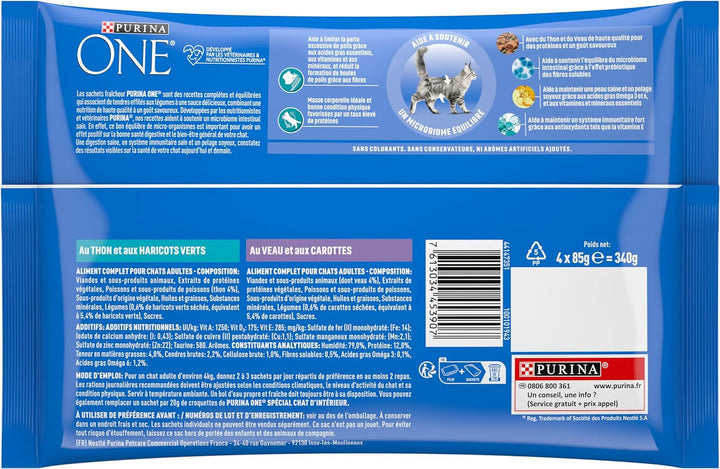 Purina One Schliff in Sauce, Mahlzeit für ausgewachsene Katzen, Kalb + Thunfisch, 12 (4 x 85 g)