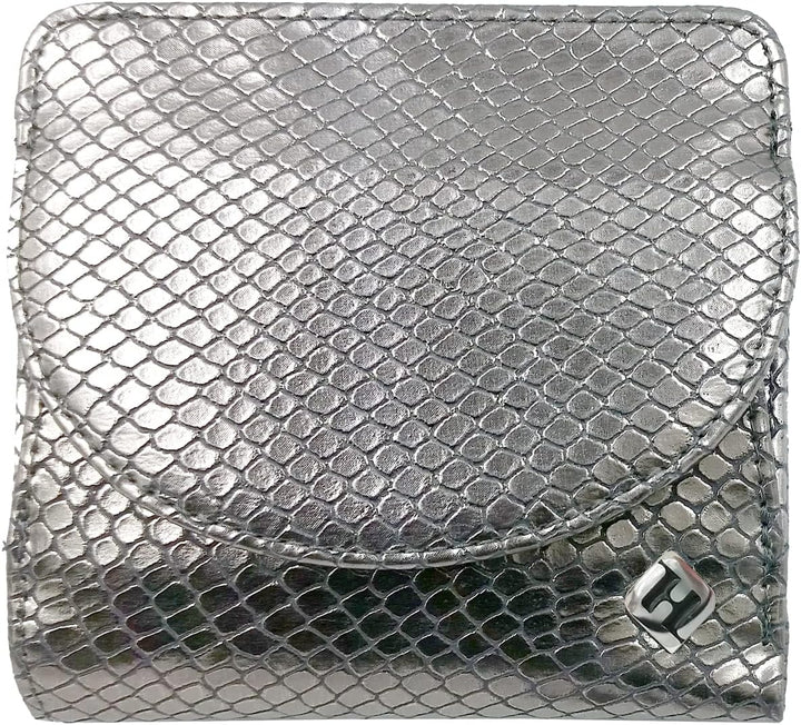 Portmonee Damen klein, Reise Geldbörse, viele Fächer, Schlangen-Look silber, RFID Blocker, Münzfach