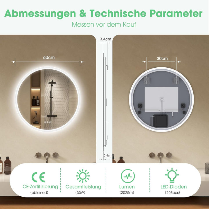 S'bagno Runder-Badspiegel-mit-Beleuchtung-60cm, Badezimmerspiegel-mit-Beleuchtung-und-Bluetooth, Ent