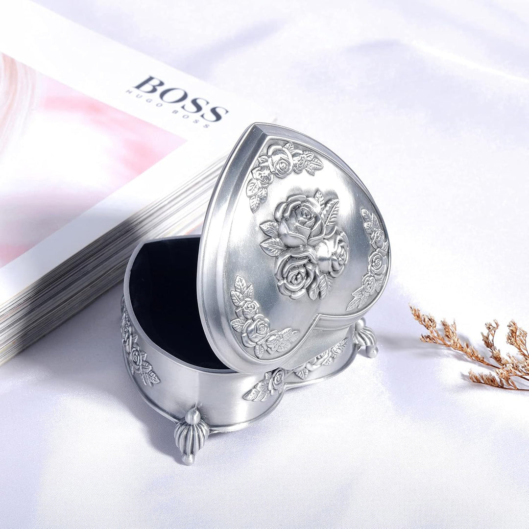 INFINIONLY Schmuckkästchen Damen, Schmuckkästchen aus Zinnlegierung, Vintage Rose Geschnitzte herzfö