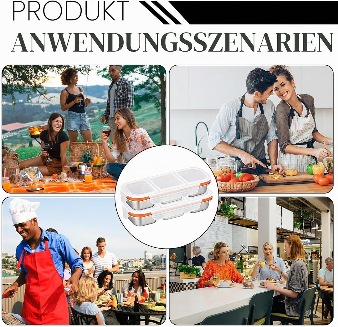 Snackbox Edelstahl 2 Stück mit 3 Fächern 600ml – Auslaufsichere Bento Box Metall mit Deckel, Brotdos