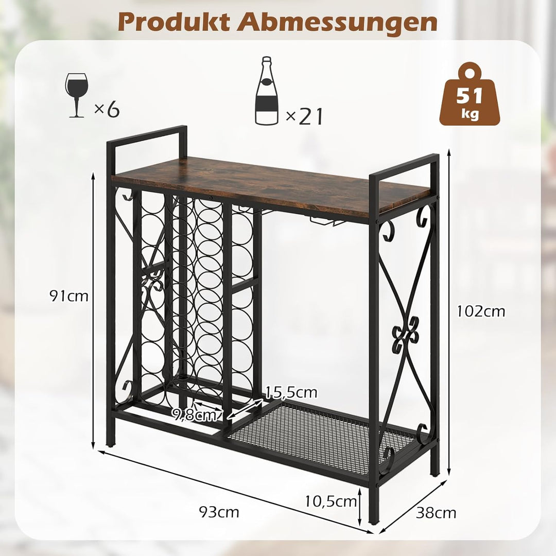 GOPLUS Weinregal für 21 Flaschen, Flaschenregal mit Weinglashalter für 6 Gläser &amp; Gitterregal, freis
