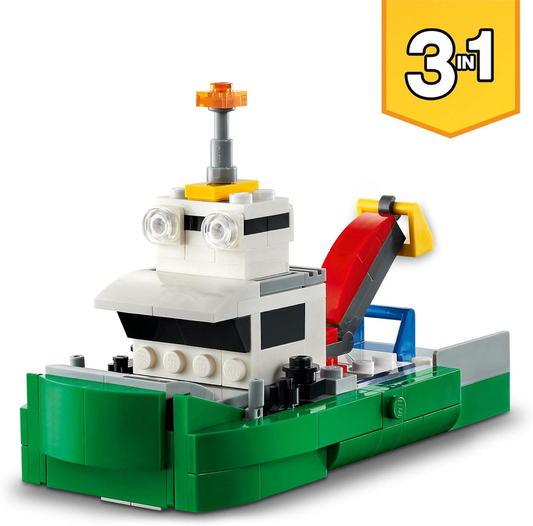 LEGO 31113 Creator 3-In-1 Rennwagentransporter Spielzeug LKW mit Anhänger, Kran und Boot, Rennwagen