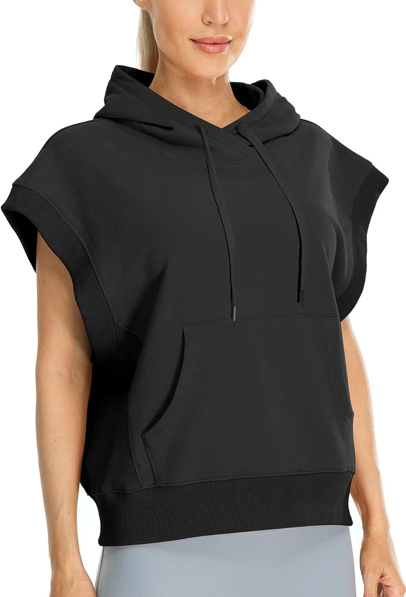 icyzone Damen Ärmellos Kapuzenpullover Fleece Hoodie Lose Sweatshirt mit Kangrootaschen S Schwarz, S