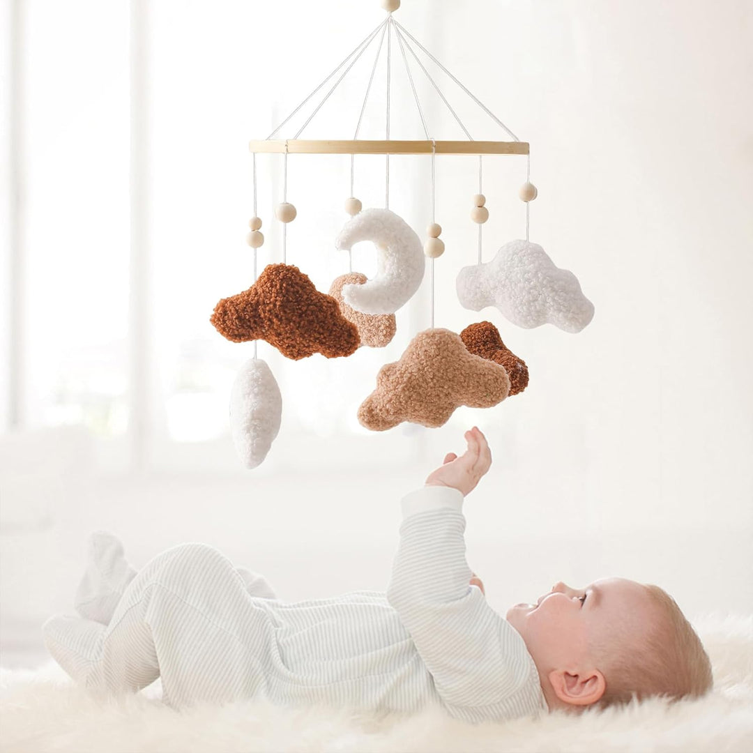 Mobile Baby Windspiele, Babybett Mobile Holz mit 3D Wolken Mond, Kinderzimmer Hängende Bettglocke, N