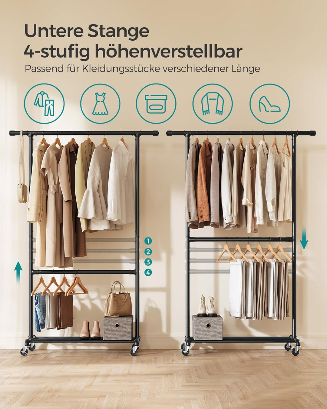 SONGMICS Kleiderständer im Industriedesign, bis 110 kg belastbar, Garderobenständer auf Rollen, 2 Kl