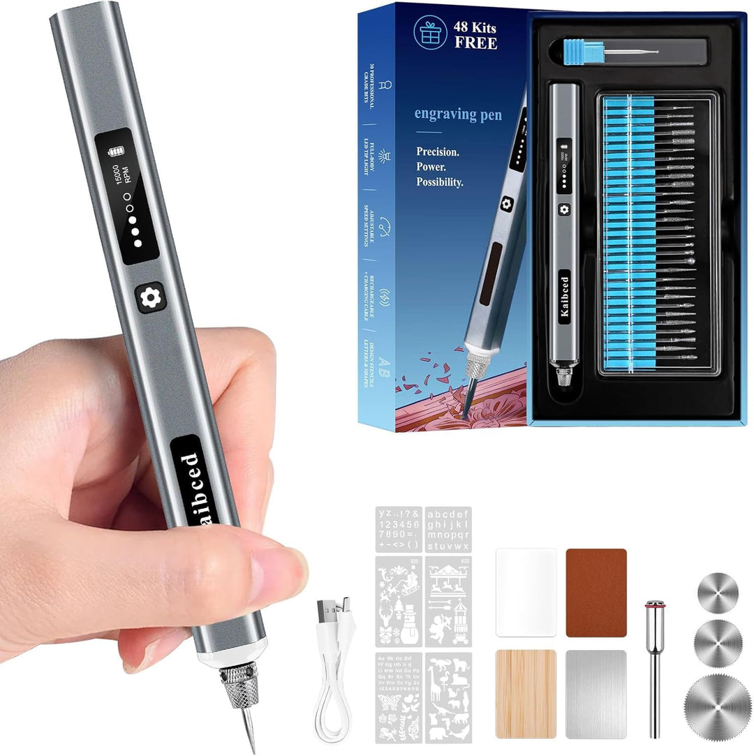Drahtloses Gravierstift 48 Pcs & LED-Anzeige, 5-Gang für Metall, Holz, Glas, Kunststoff und alle Mat