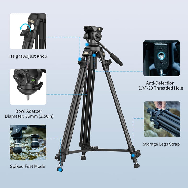 SMALLRIG 62" Videostativ mit 360° Fluidkopf, leichtes Kamerastativ aus Aluminiumlegierung mit QR-Pla